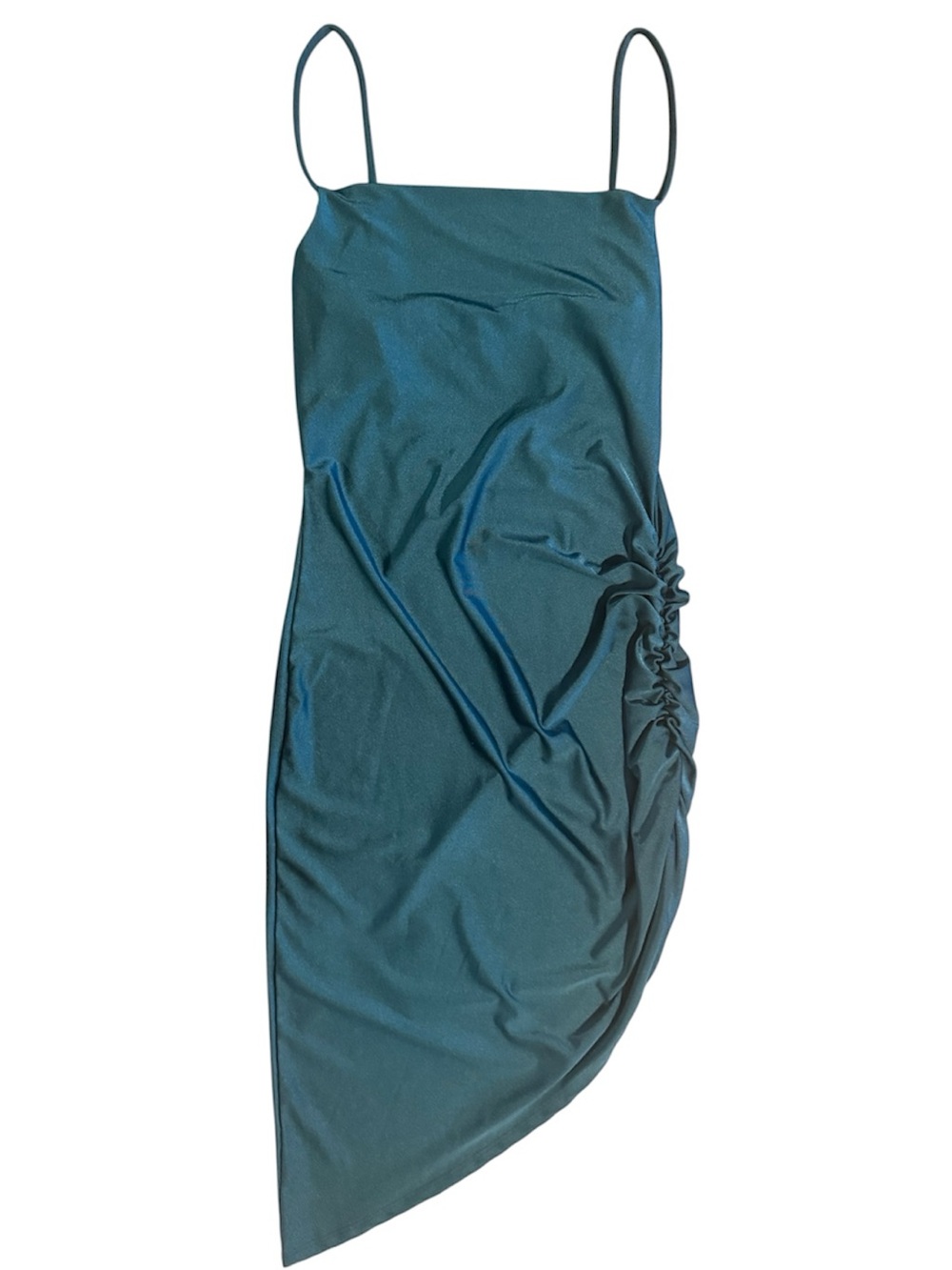 Satin Asymmetric Ruched Slip Dress - Teal